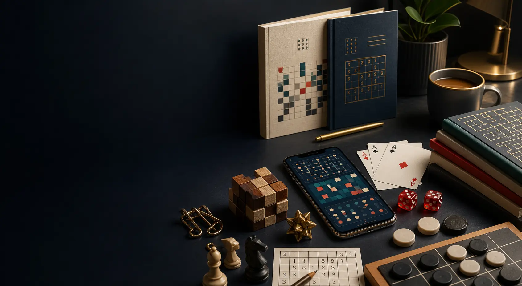 Premium puzzle books, logic games, cards, dice, and a mobile puzzle app arranged on a refined studio desk.